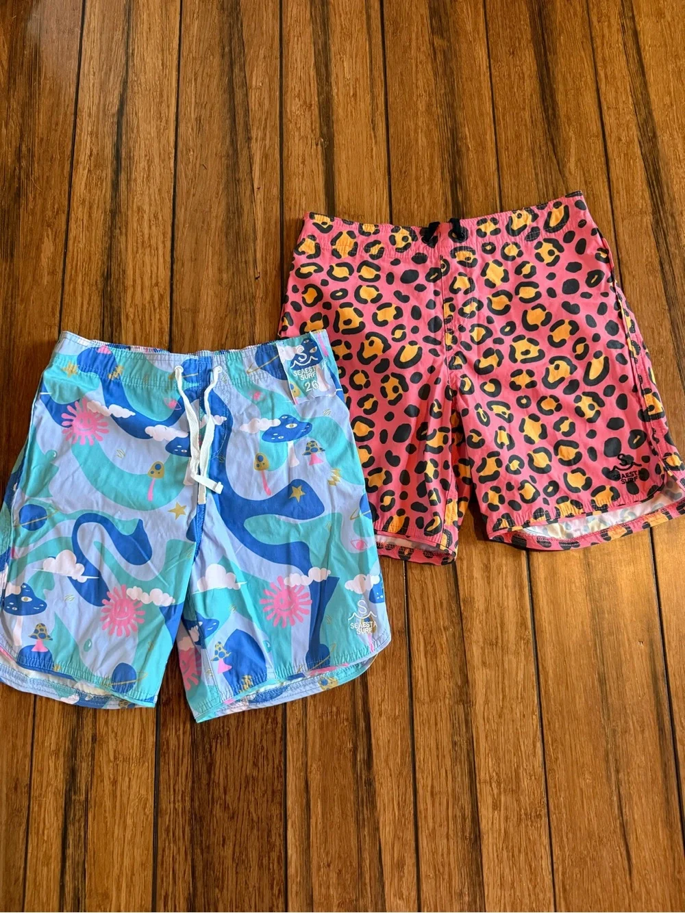 Kids Swim Trunks - Pink Leopard & Blue Surf Print with Drawstring Never Worn